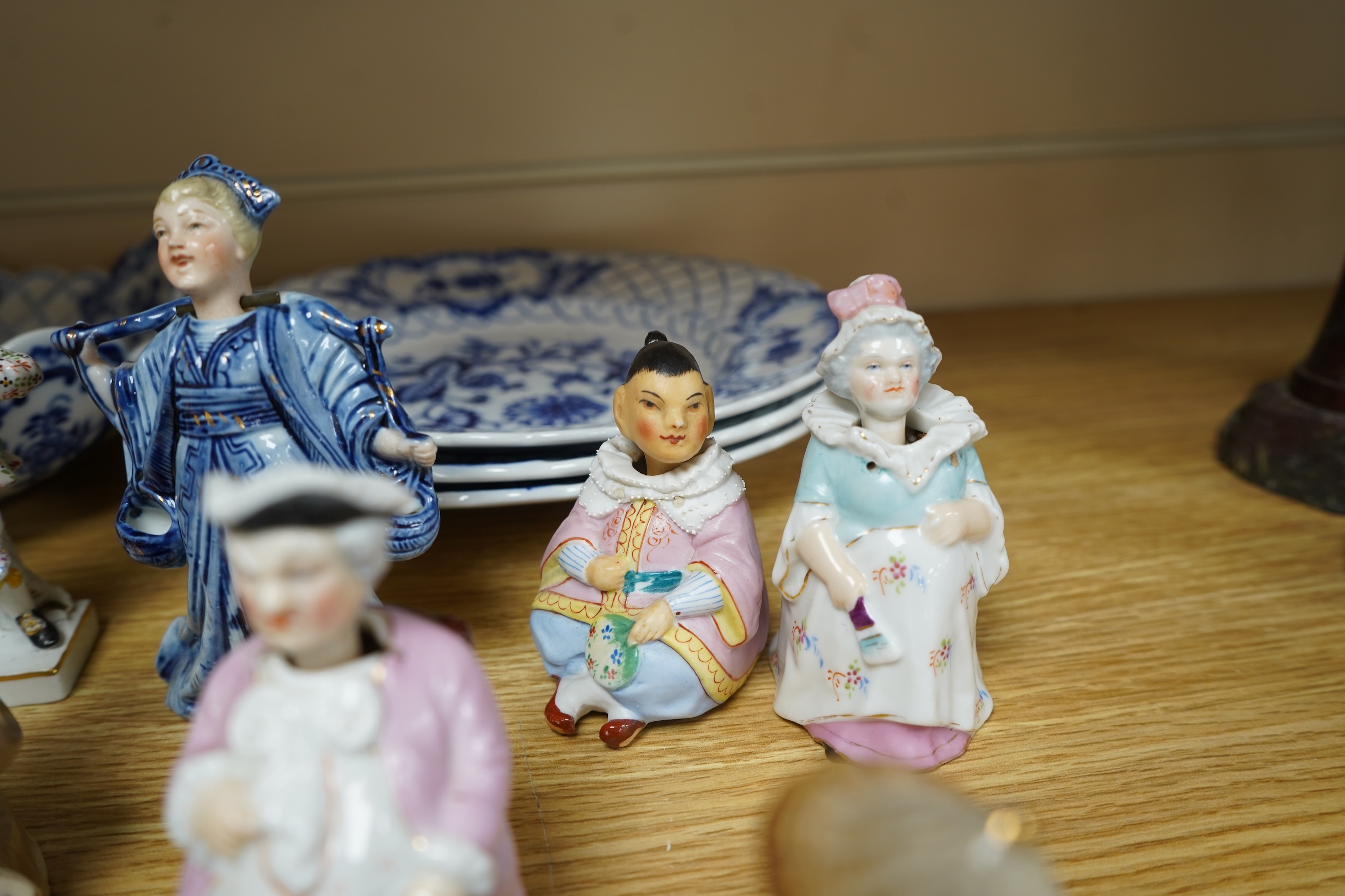 A collection of Meissen style blue and white china and various of nodding figures etc. largest item dish 21cm diameter